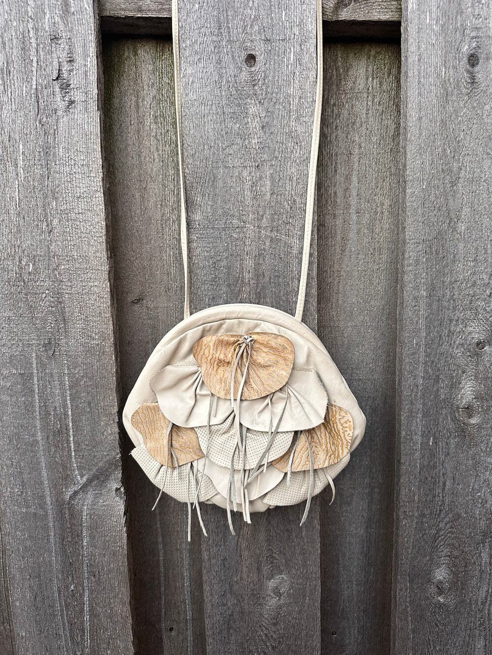 1980s Vintage Genuine Cream Leather Clutch Bag w/Petal & Fringe Leather Details